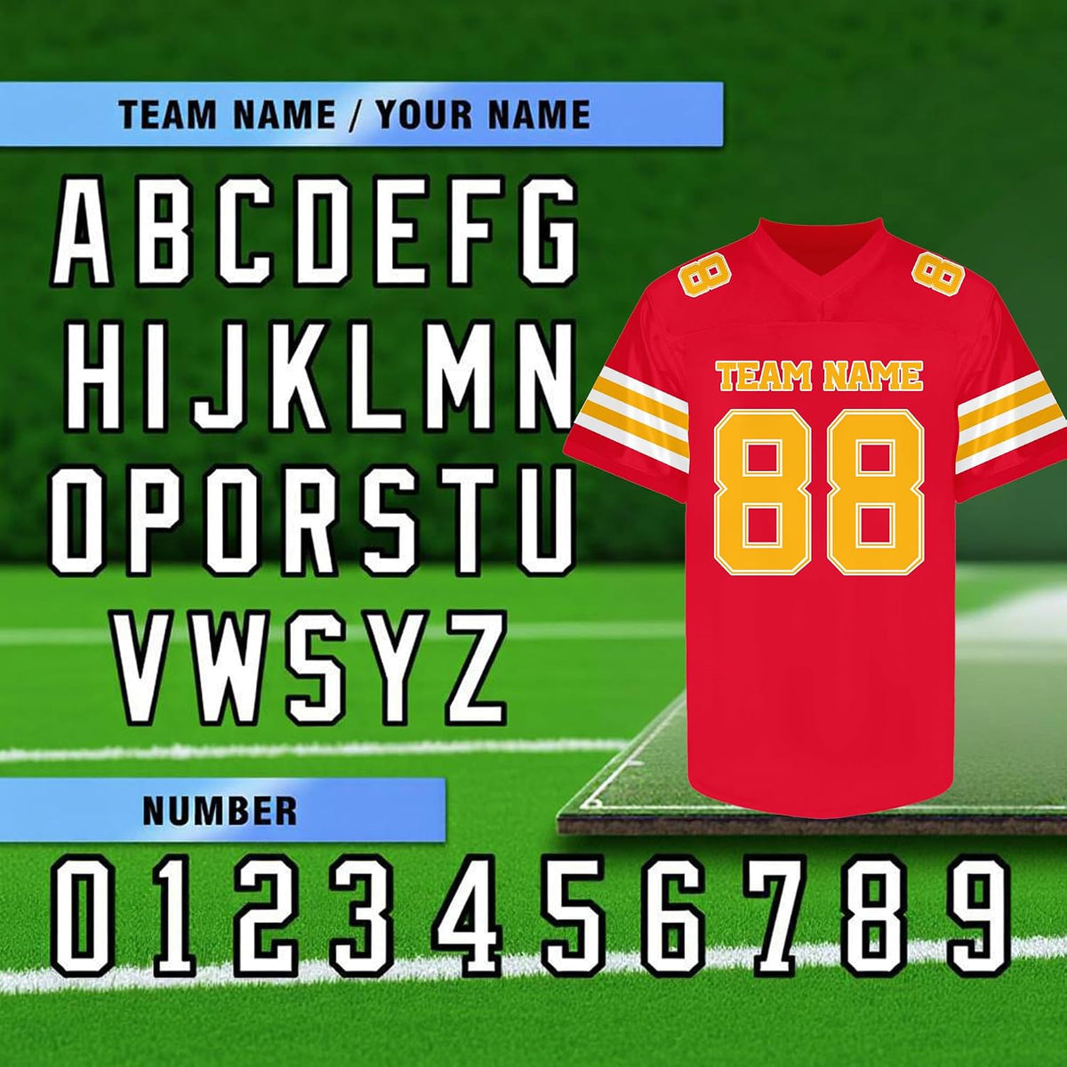 Custom Red Football Jersey with Gold and White Triple Sleeve Stripes