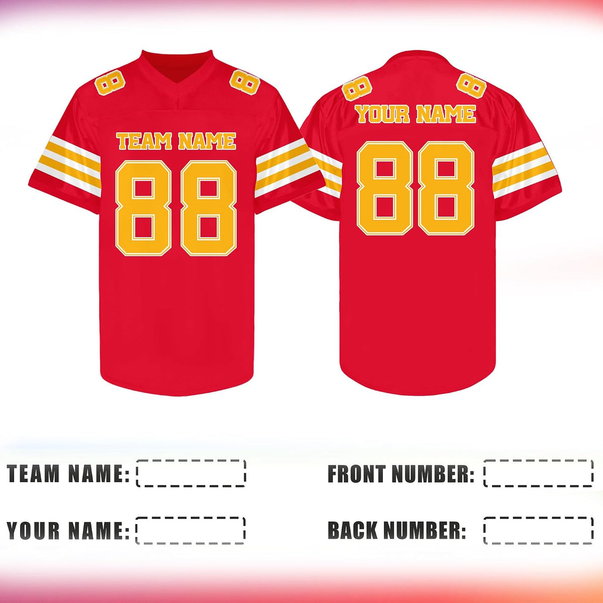 Custom Red Football Jersey with Gold and White Triple Sleeve Stripes