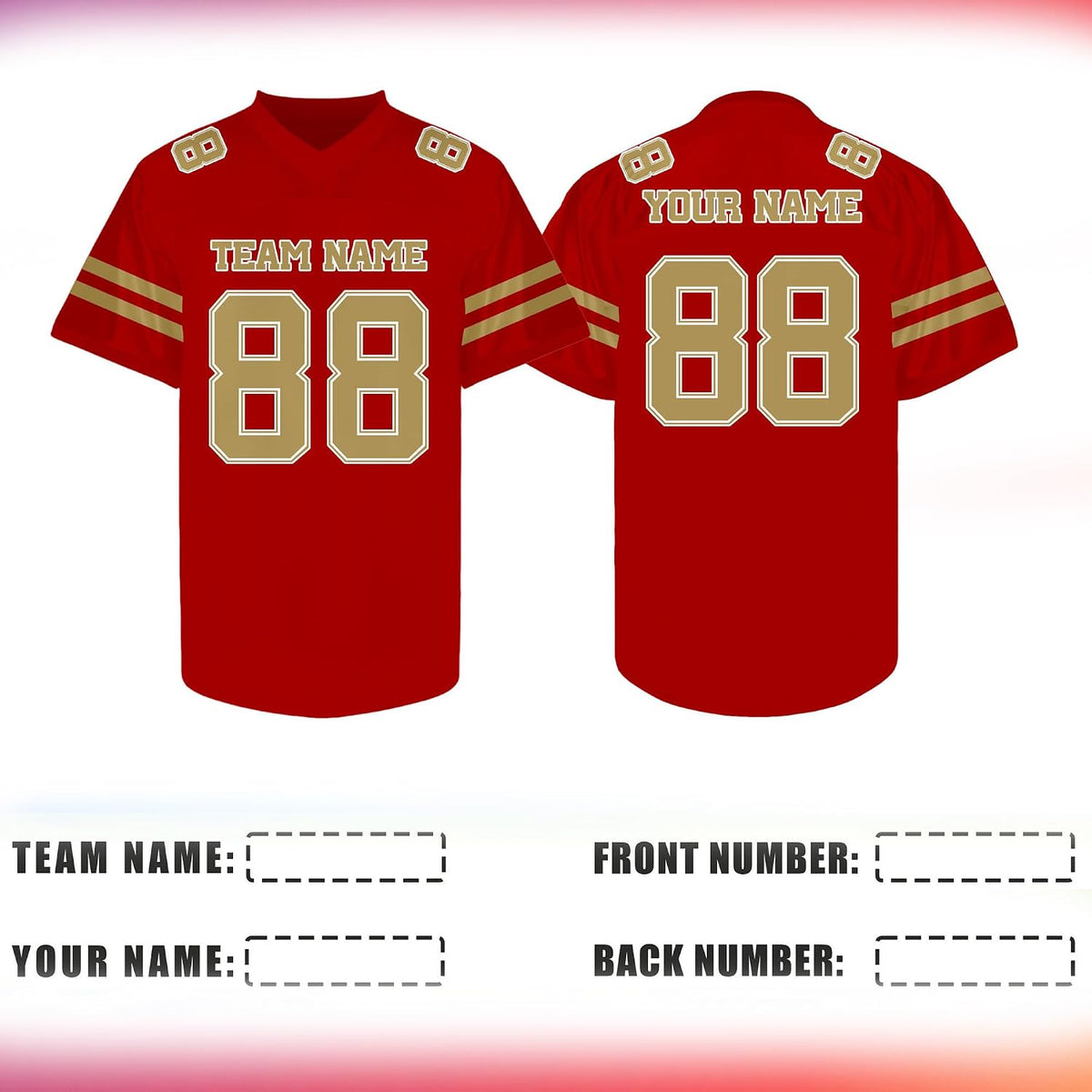 Custom Red Football Jersey with Gold Double Sleeve Stripes