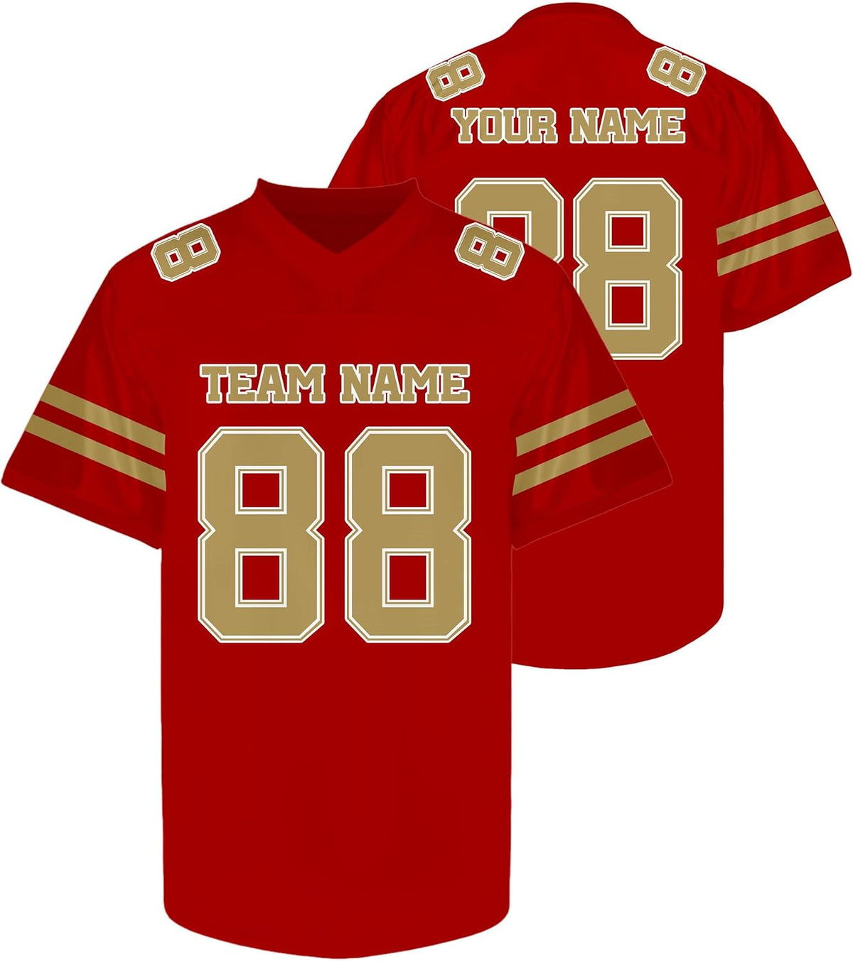 Custom Red Football Jersey with Gold Double Sleeve Stripes