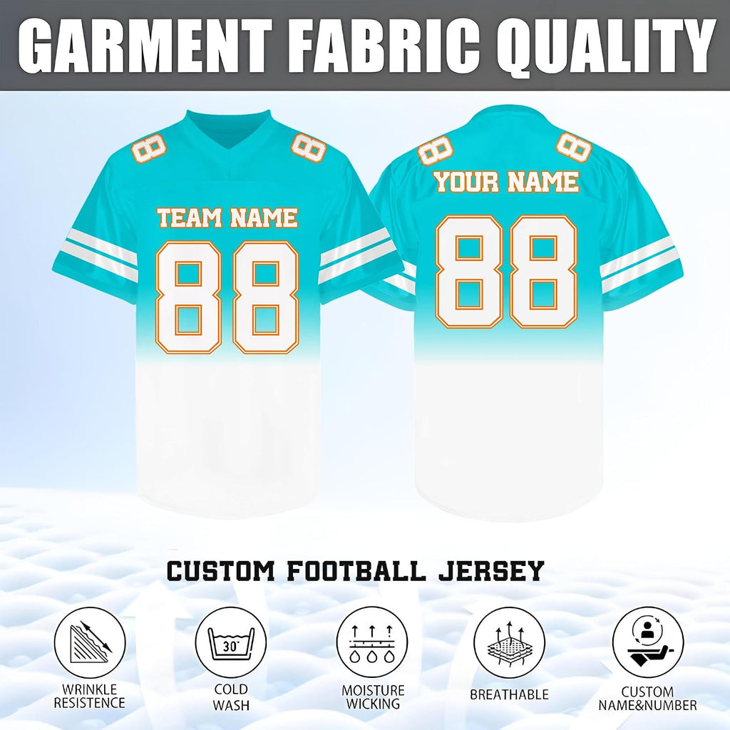 Custom Teal White Gradient Football Jersey Personalized Name and Number Team Uniform