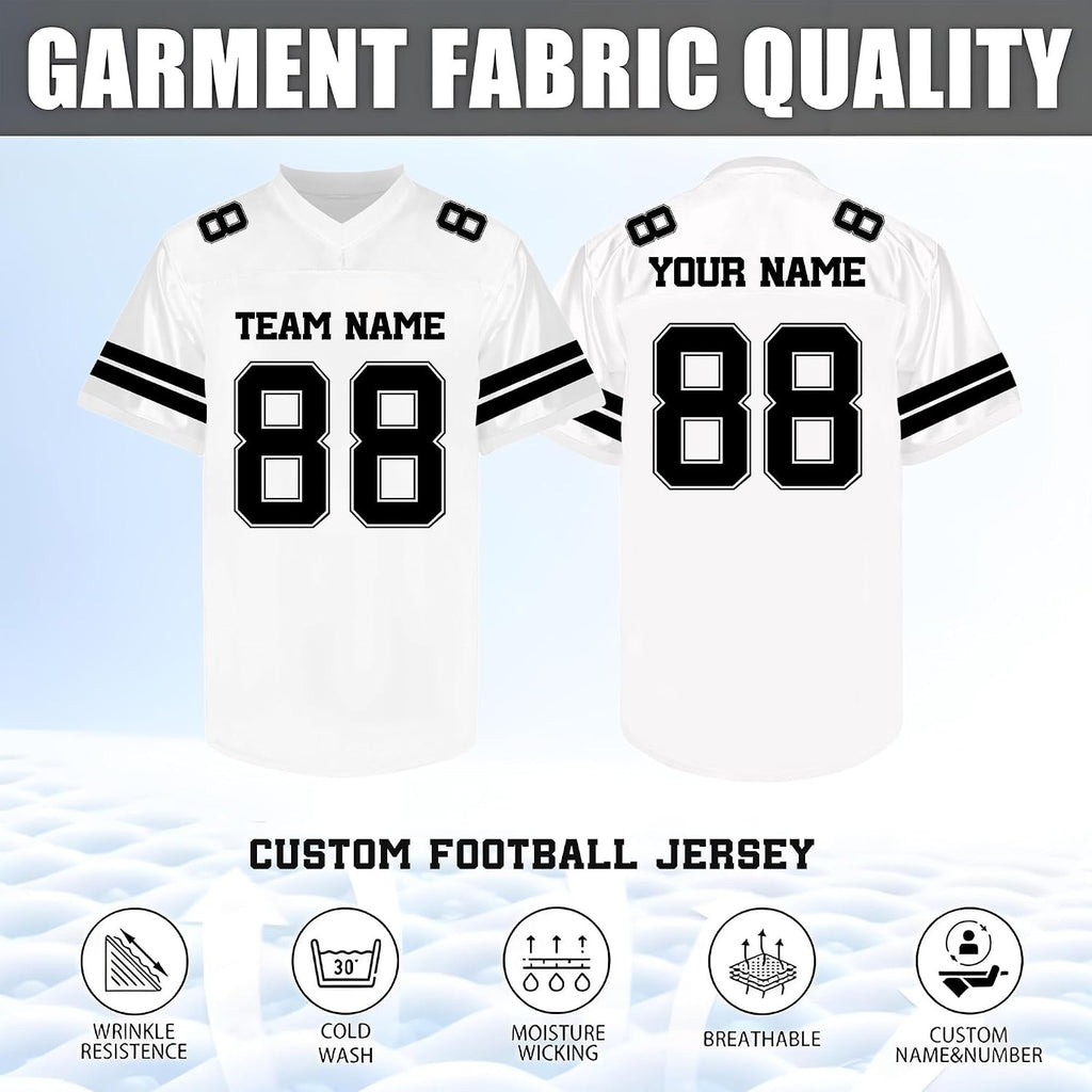 Custom White and Black Football Jersey with Double Sleeve Stripes