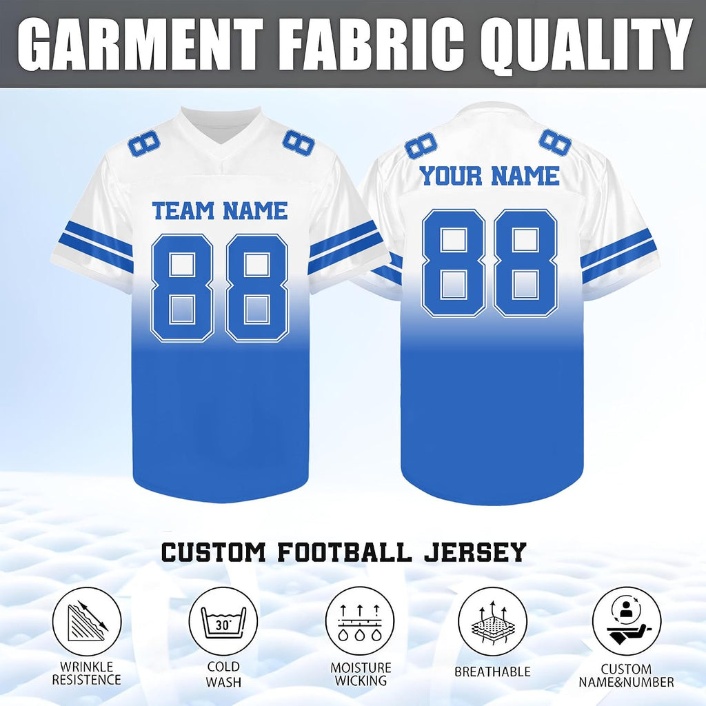Custom White and Blue Football Jersey with Double Sleeve Stripes