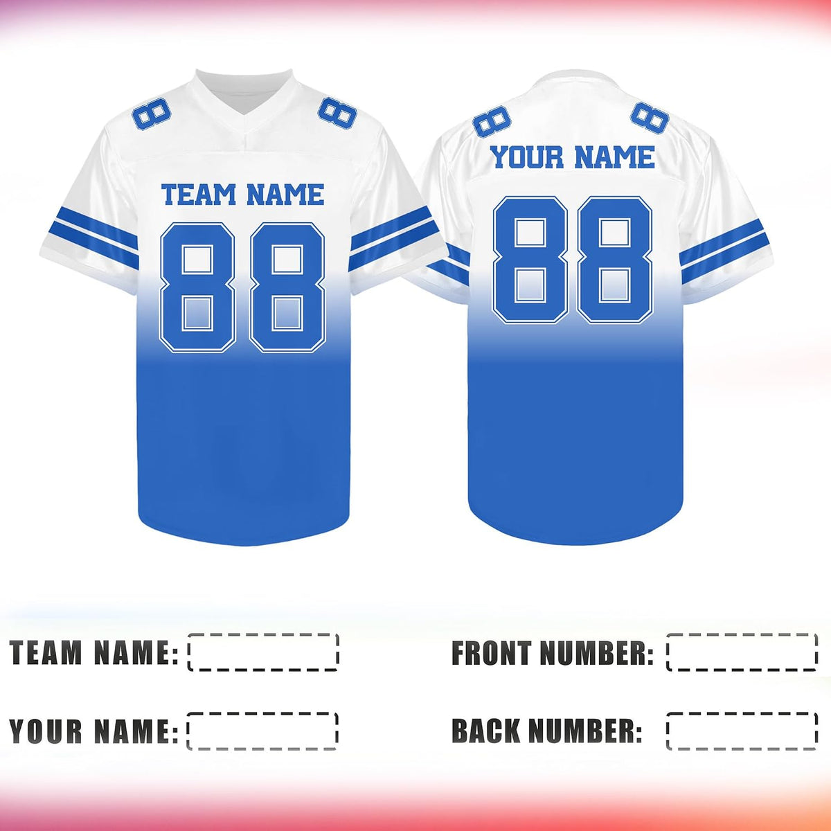 Custom White and Blue Football Jersey with Double Sleeve Stripes