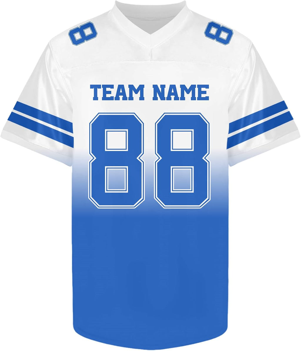 Custom White and Blue Football Jersey with Double Sleeve Stripes