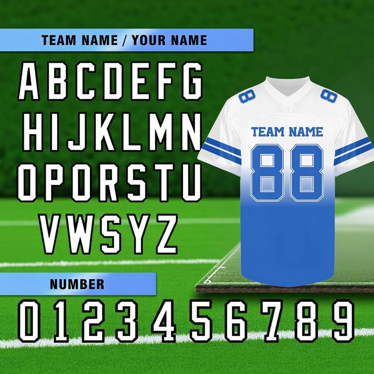 Custom White and Blue Football Jersey with Double Sleeve Stripes