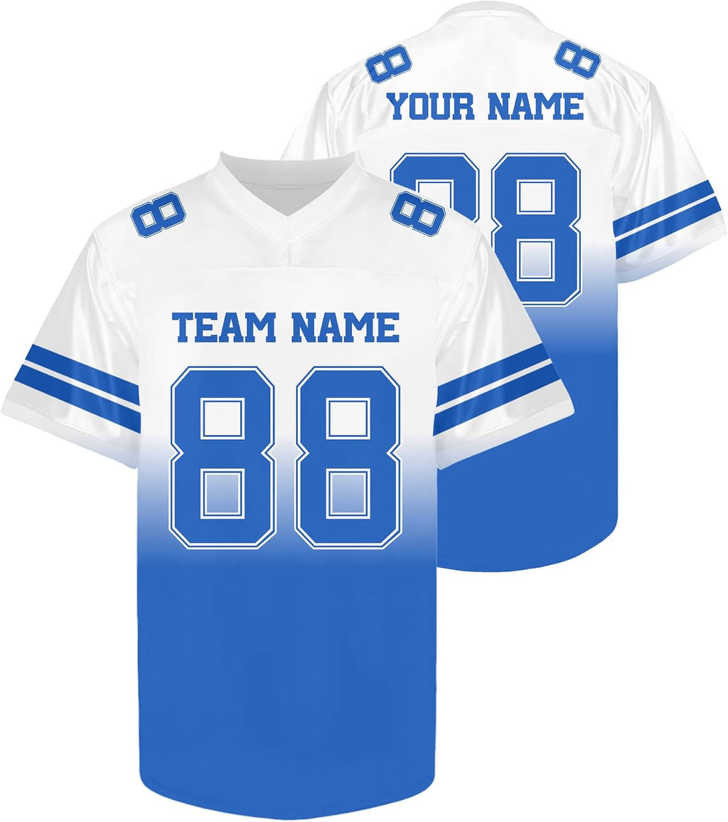Custom White and Blue Football Jersey with Double Sleeve Stripes