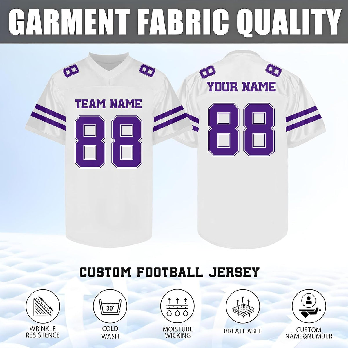 Custom White Football Jersey with Purple Double Sleeve Stripes
