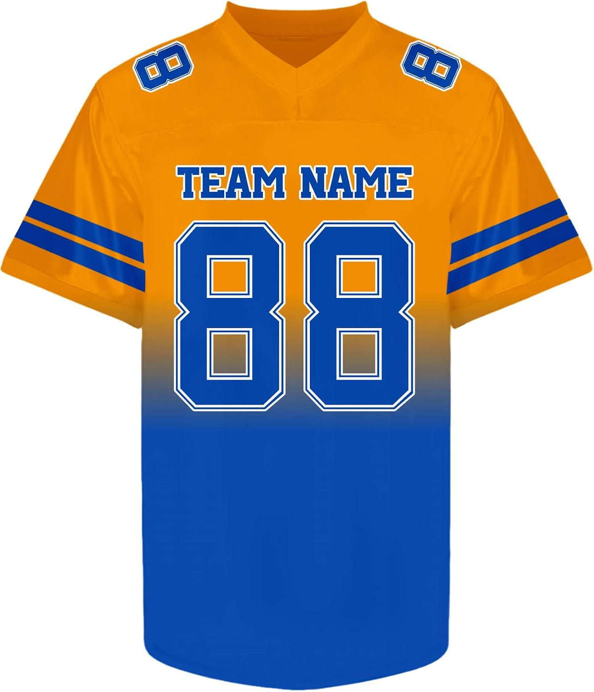 Custom Orange to Blue Gradient Football Jersey with Blue Sleeve Stripes