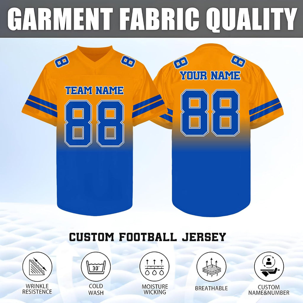 Custom Orange to Blue Gradient Football Jersey with Blue Sleeve Stripes