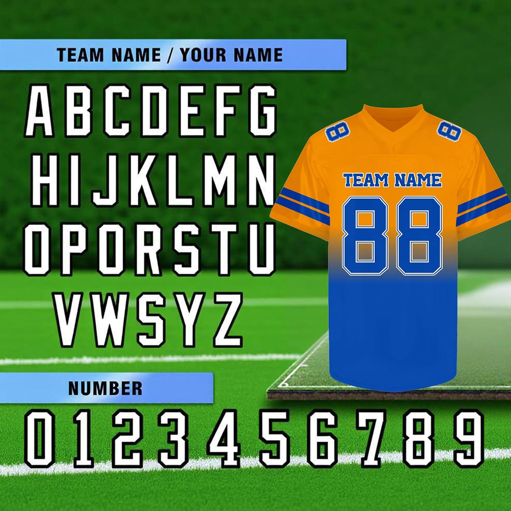 Custom Orange to Blue Gradient Football Jersey with Blue Sleeve Stripes
