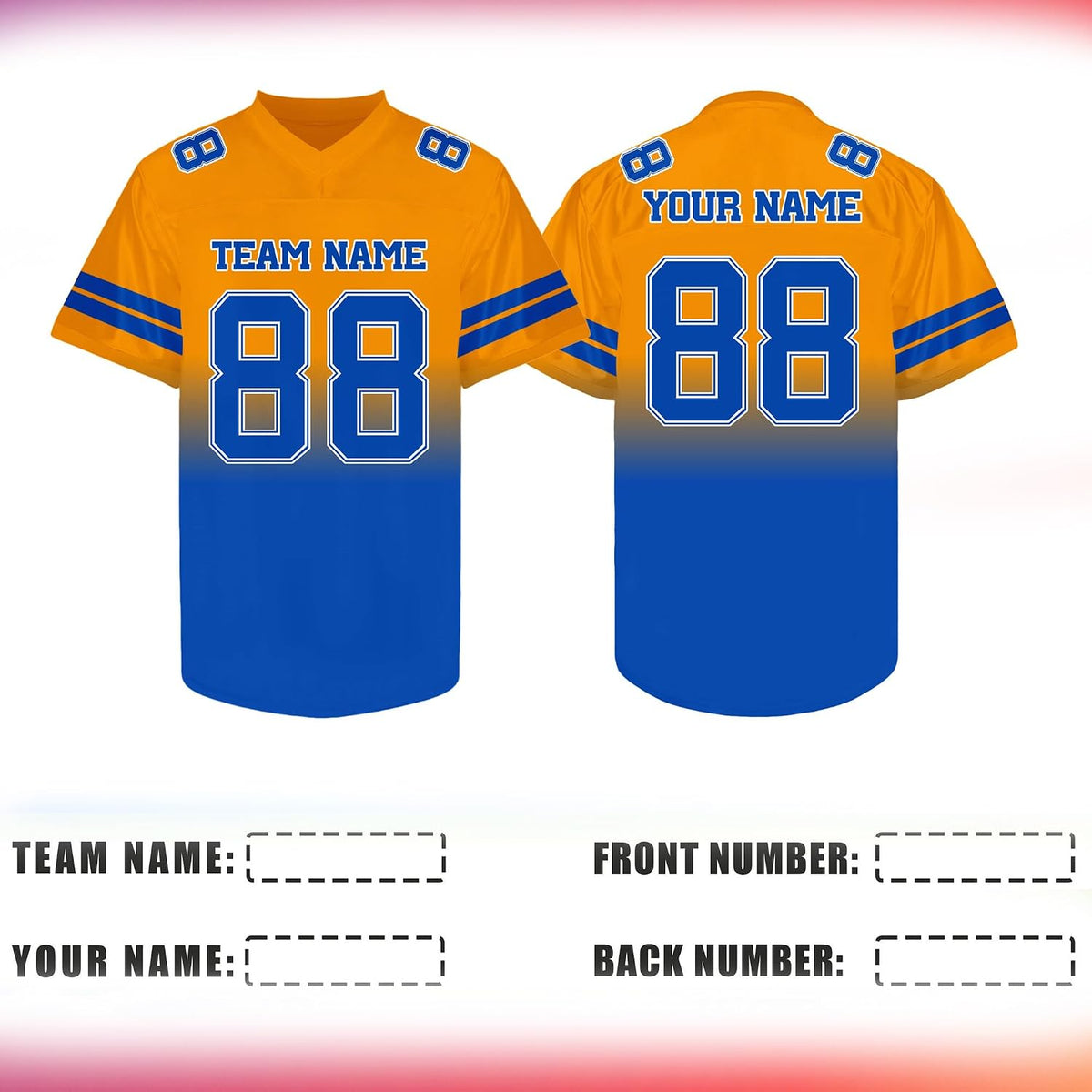 Custom Orange to Blue Gradient Football Jersey with Blue Sleeve Stripes