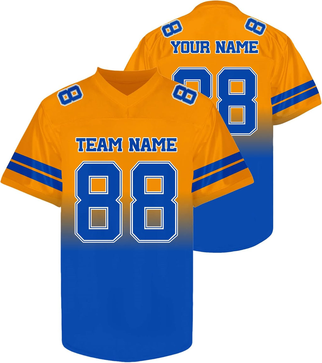 Custom Orange to Blue Gradient Football Jersey with Blue Sleeve Stripes