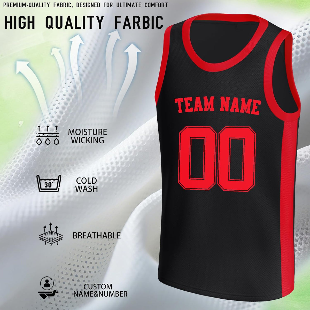 Custom Black and Red Basketball Jersey - Personalized Name and Number Team Uniform