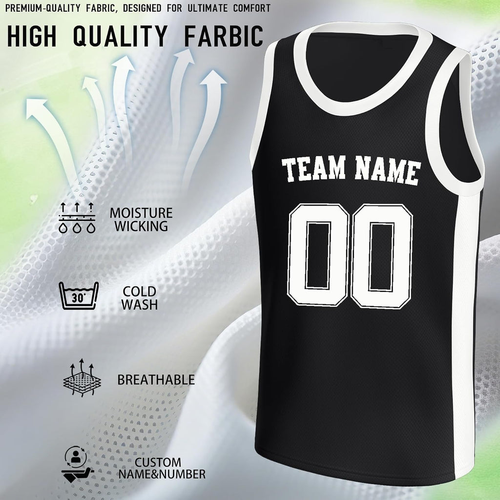 Custom Black and White Basketball Jersey with Name and Number