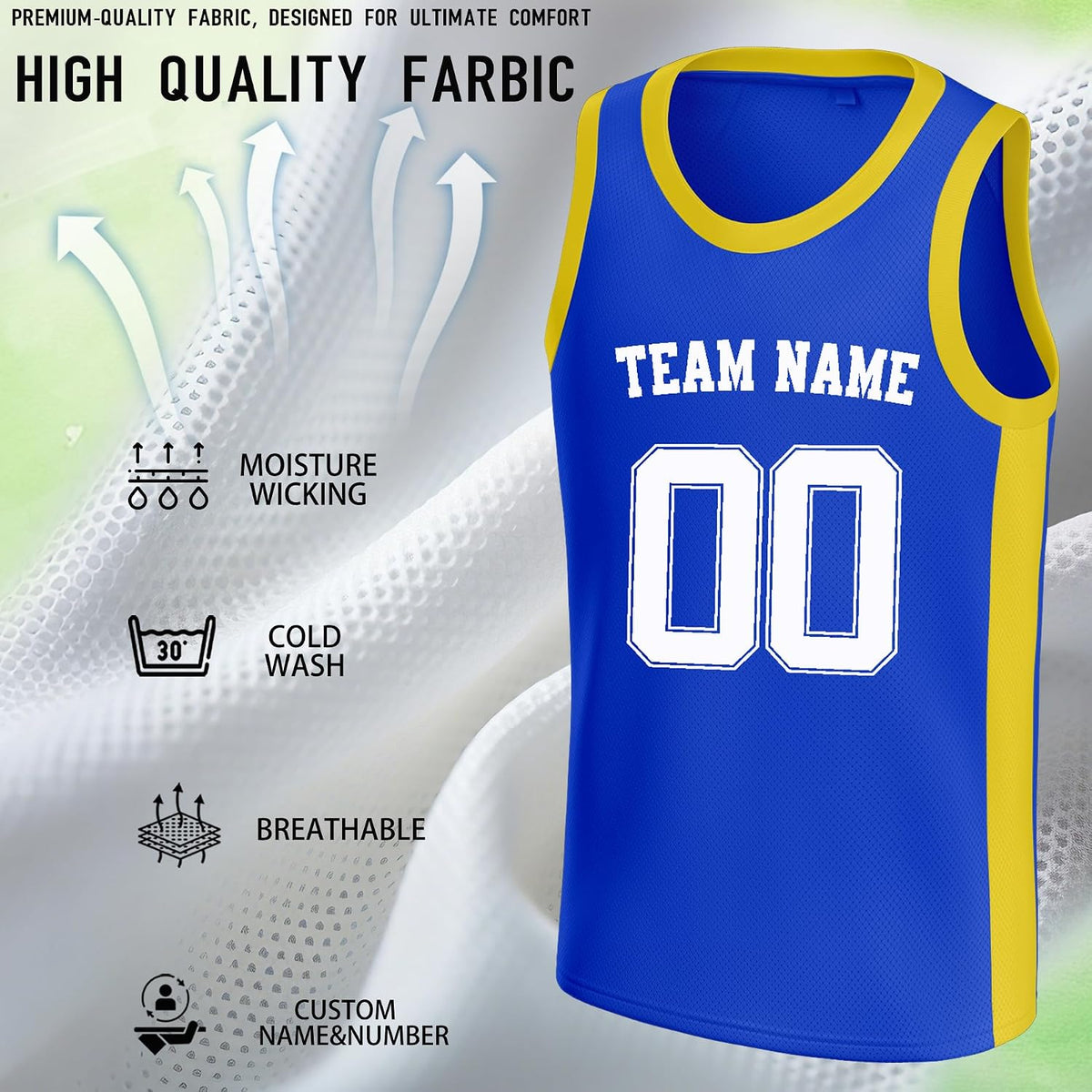 Custom Royal Blue and Yellow Basketball Jersey with Name and Number