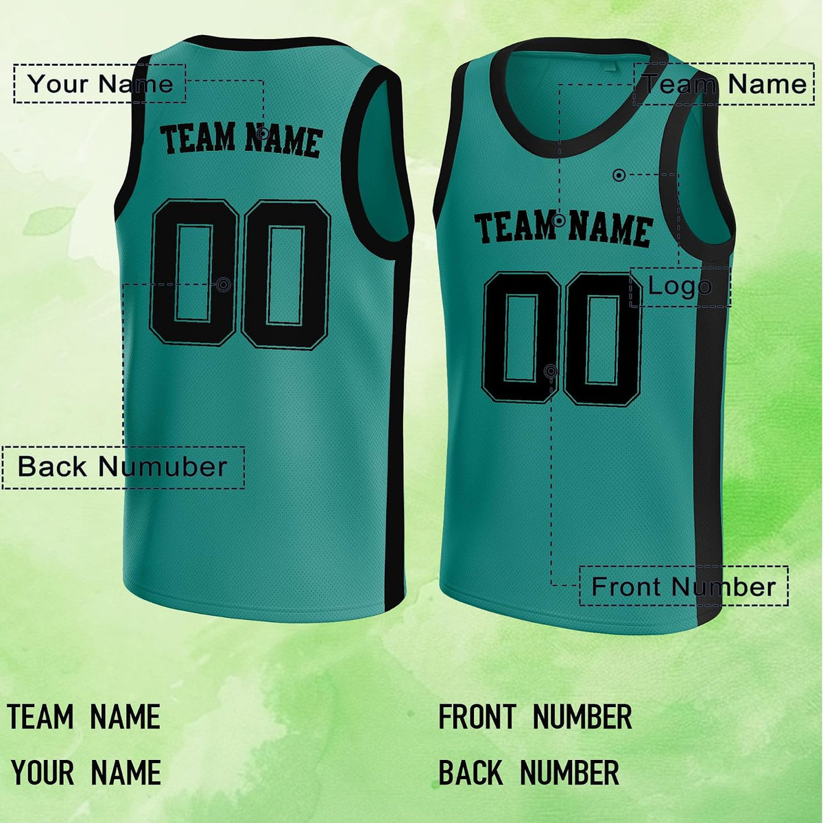 Custom Teal and Black Basketball Jersey with Name and Number