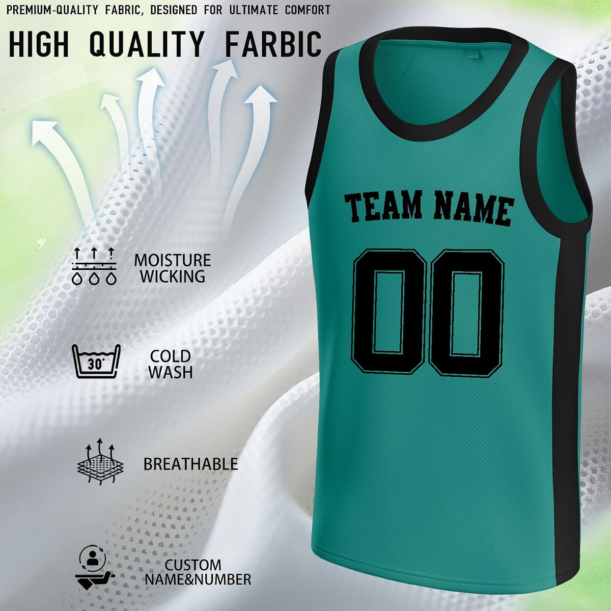 Custom Teal and Black Basketball Jersey with Name and Number