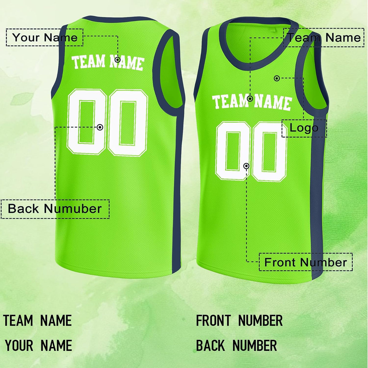 Custom Lime Green and Navy Basketball Jersey - Personalized Name and Number Team Uniform