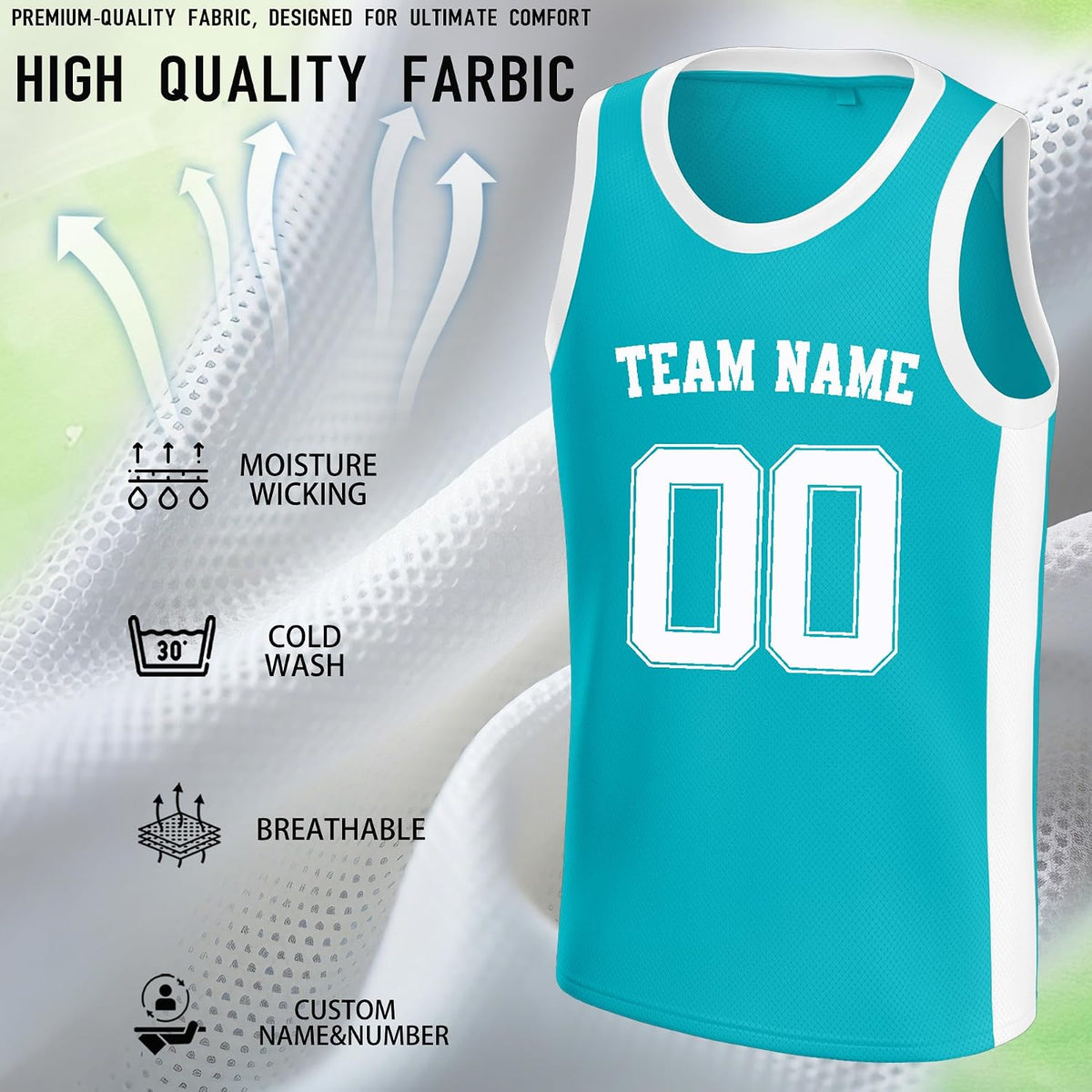 Custom Teal and White Basketball Jersey with Name and Number