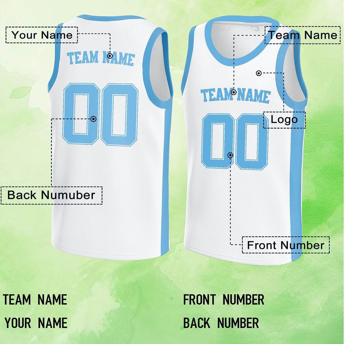 Custom White and Light Blue Basketball Jersey with Name and Number
