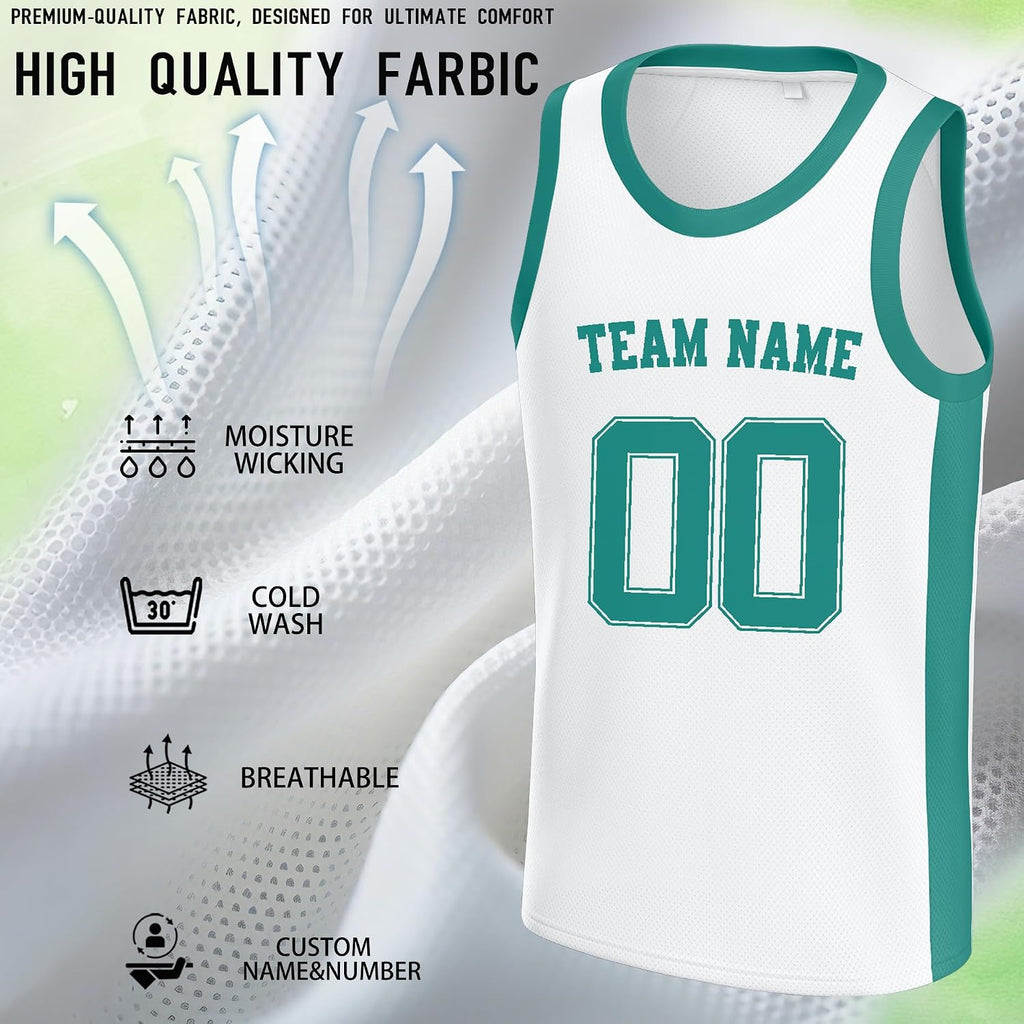 Custom White and Teal Basketball Jersey with Name and Number