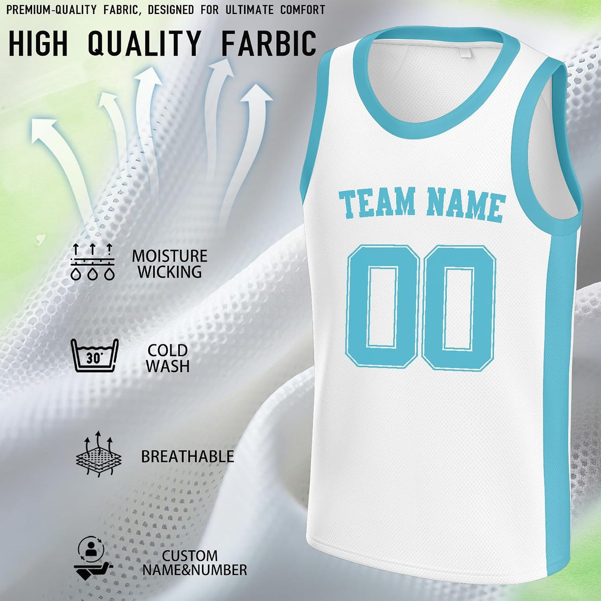 Custom White and Light Cyan Basketball Jersey with Name and Number