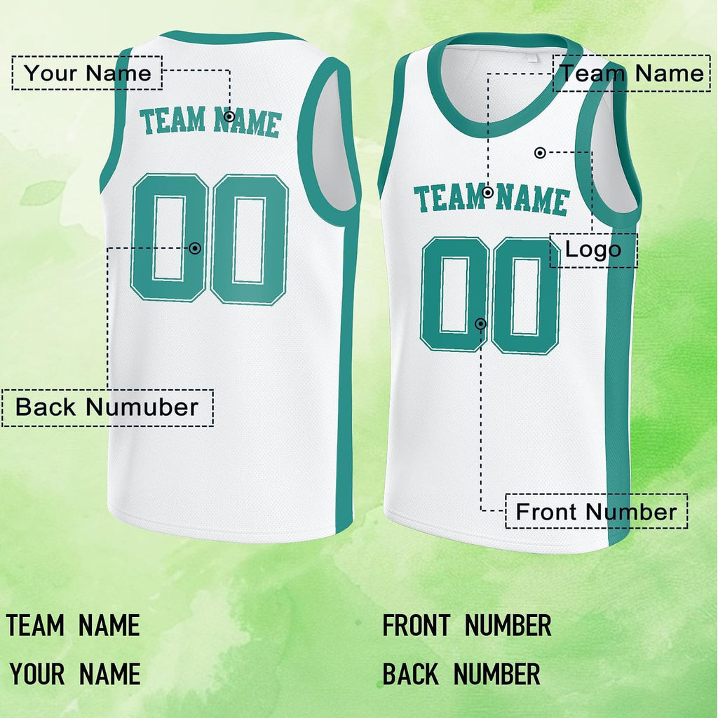 Custom White and Teal Basketball Jersey with Name and Number