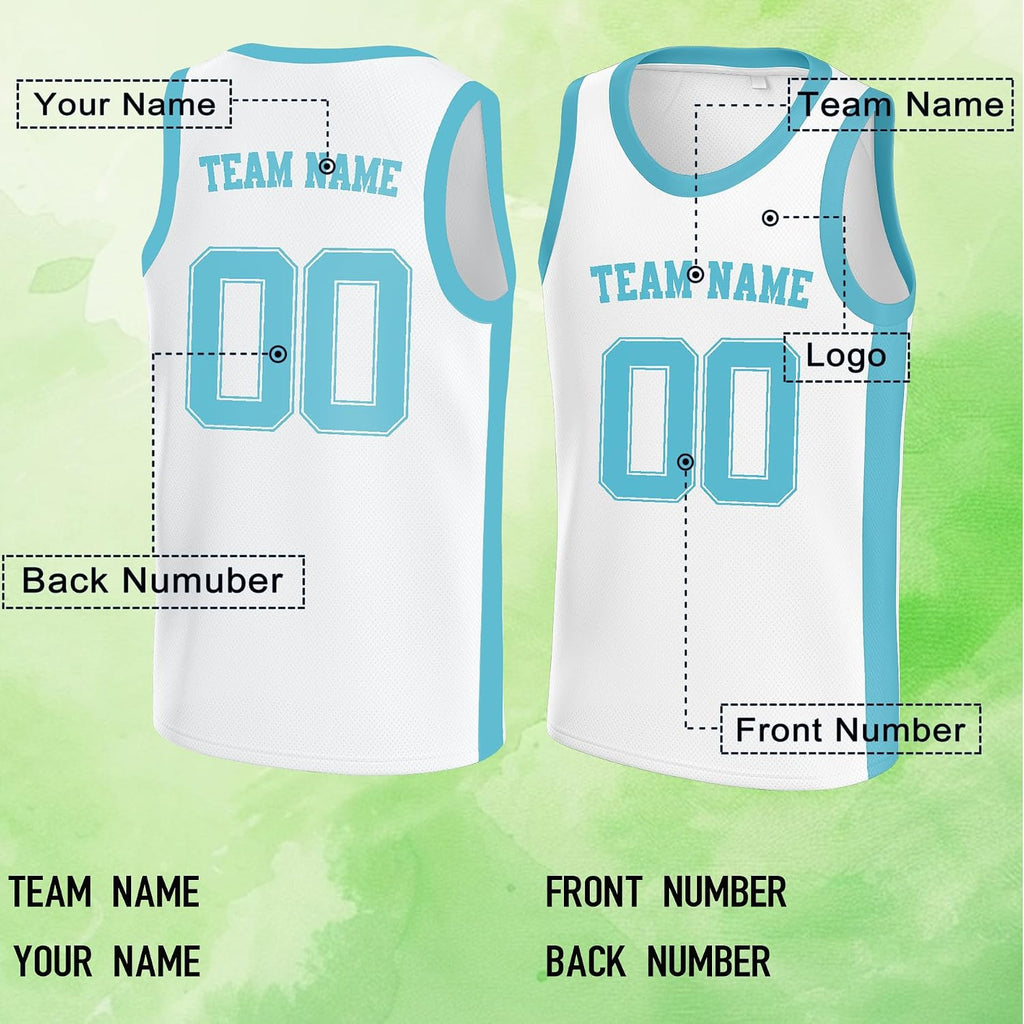 Custom White and Light Cyan Basketball Jersey with Name and Number