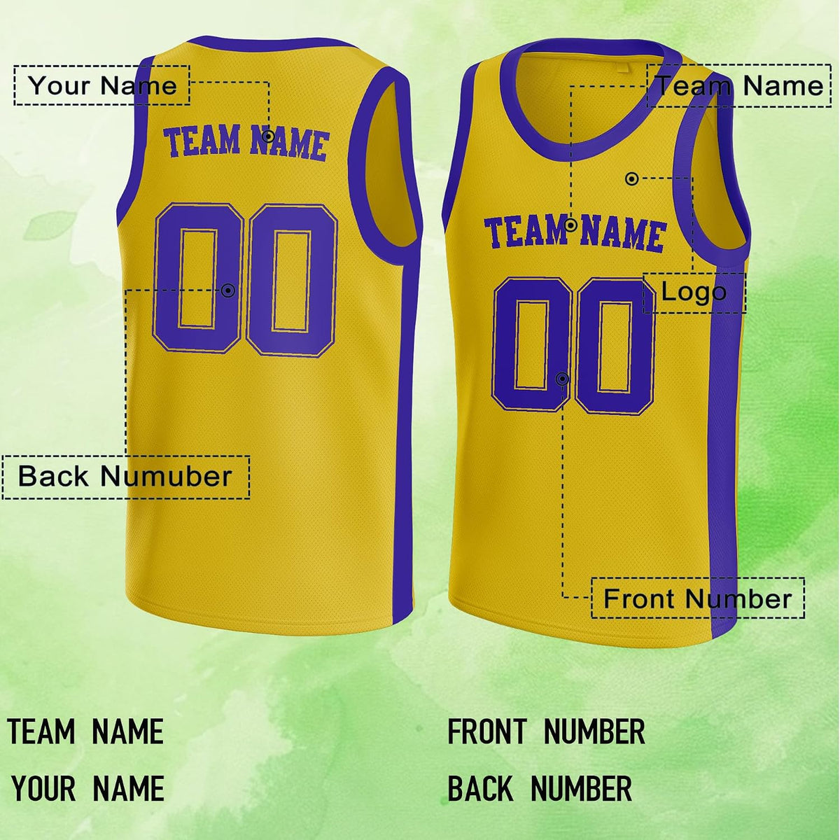 Custom Yellow and Purple Basketball Jersey with Name and Number