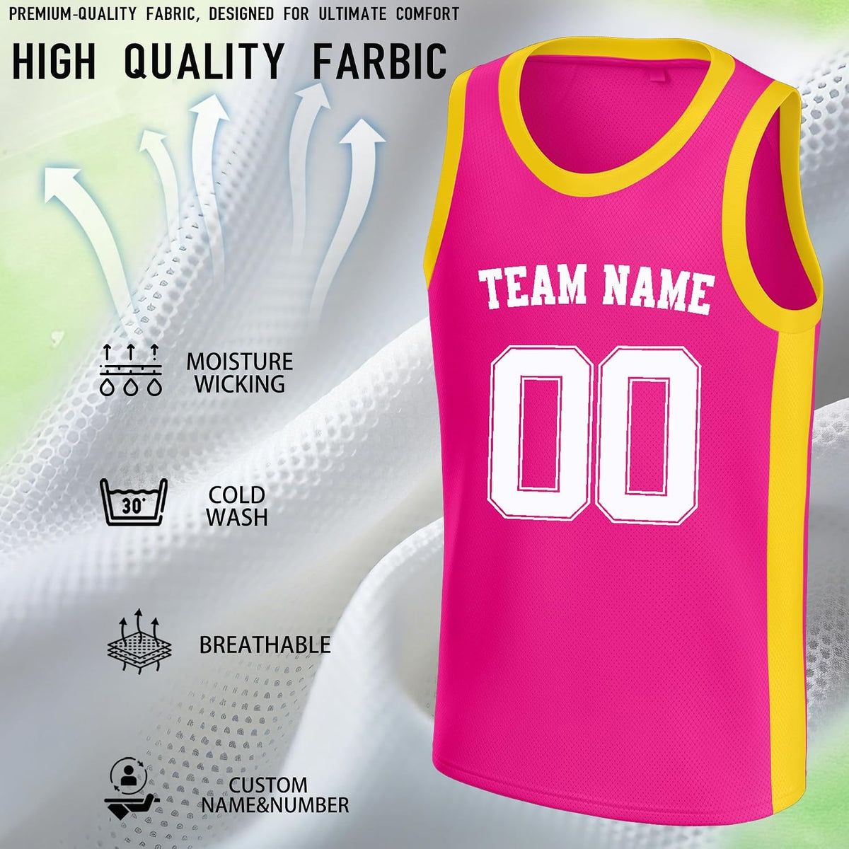 Custom Pink and Yellow Basketball Jersey with Name and Number