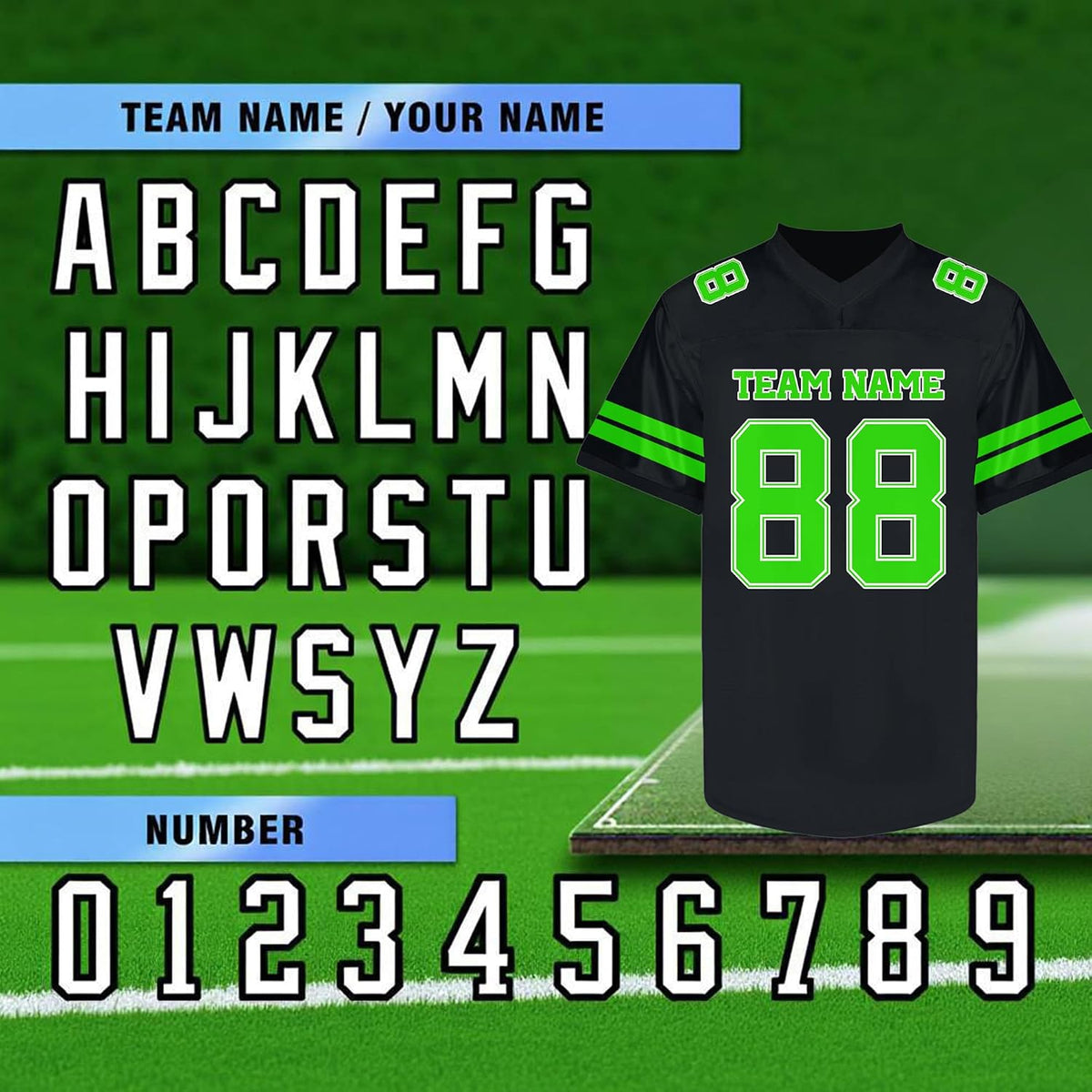 Custom Black and Neon Green Football Jersey Personalized Name and Number Team Uniform