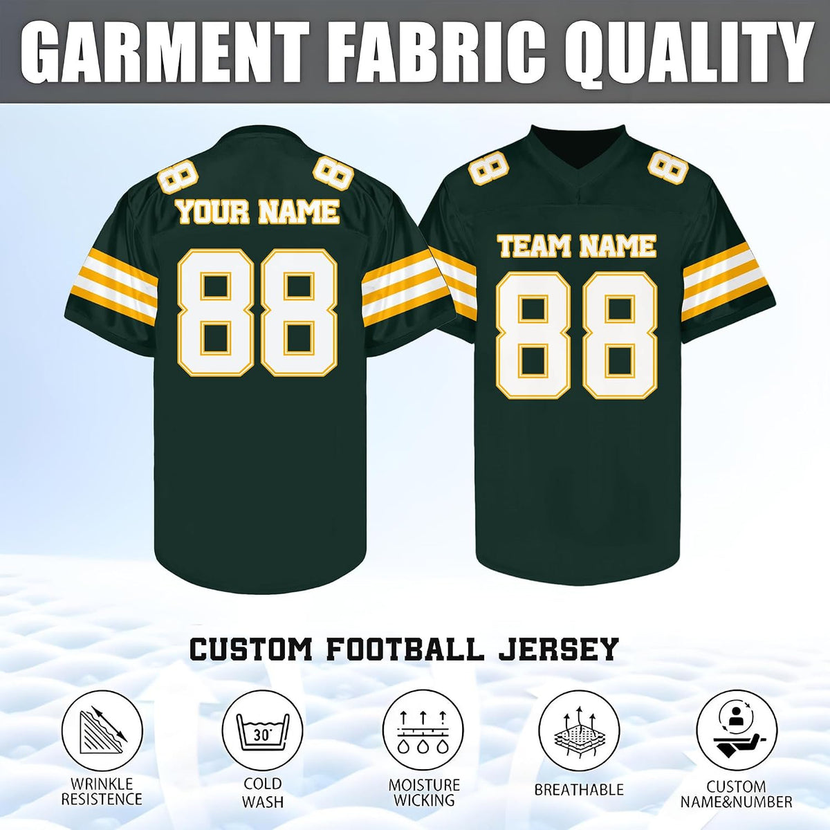 Custom Dark Green Football Jersey with Yellow and White Triple Sleeve Stripes