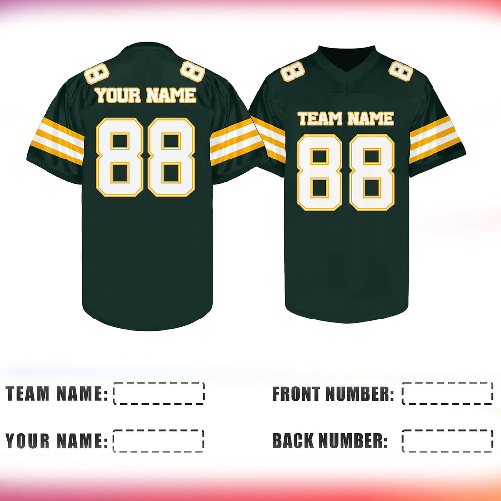Custom Dark Green Football Jersey with Yellow and White Triple Sleeve Stripes