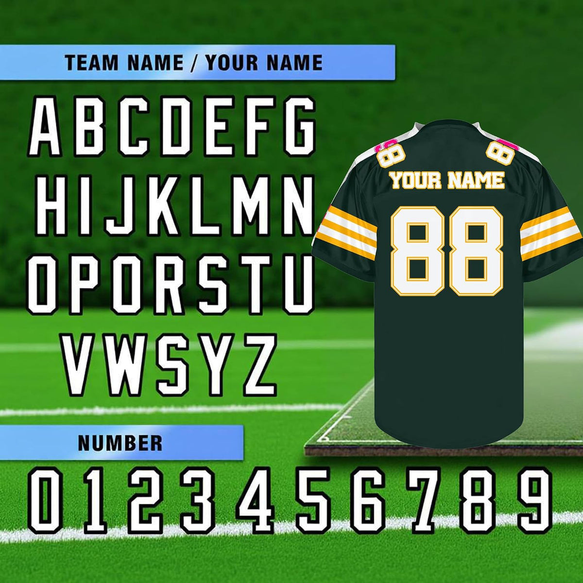 Custom Dark Green Football Jersey with Yellow and White Triple Sleeve Stripes