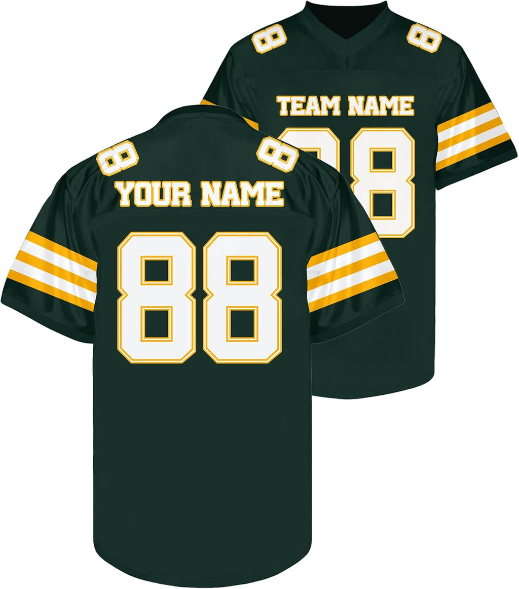 Custom Dark Green Football Jersey with Yellow and White Triple Sleeve Stripes