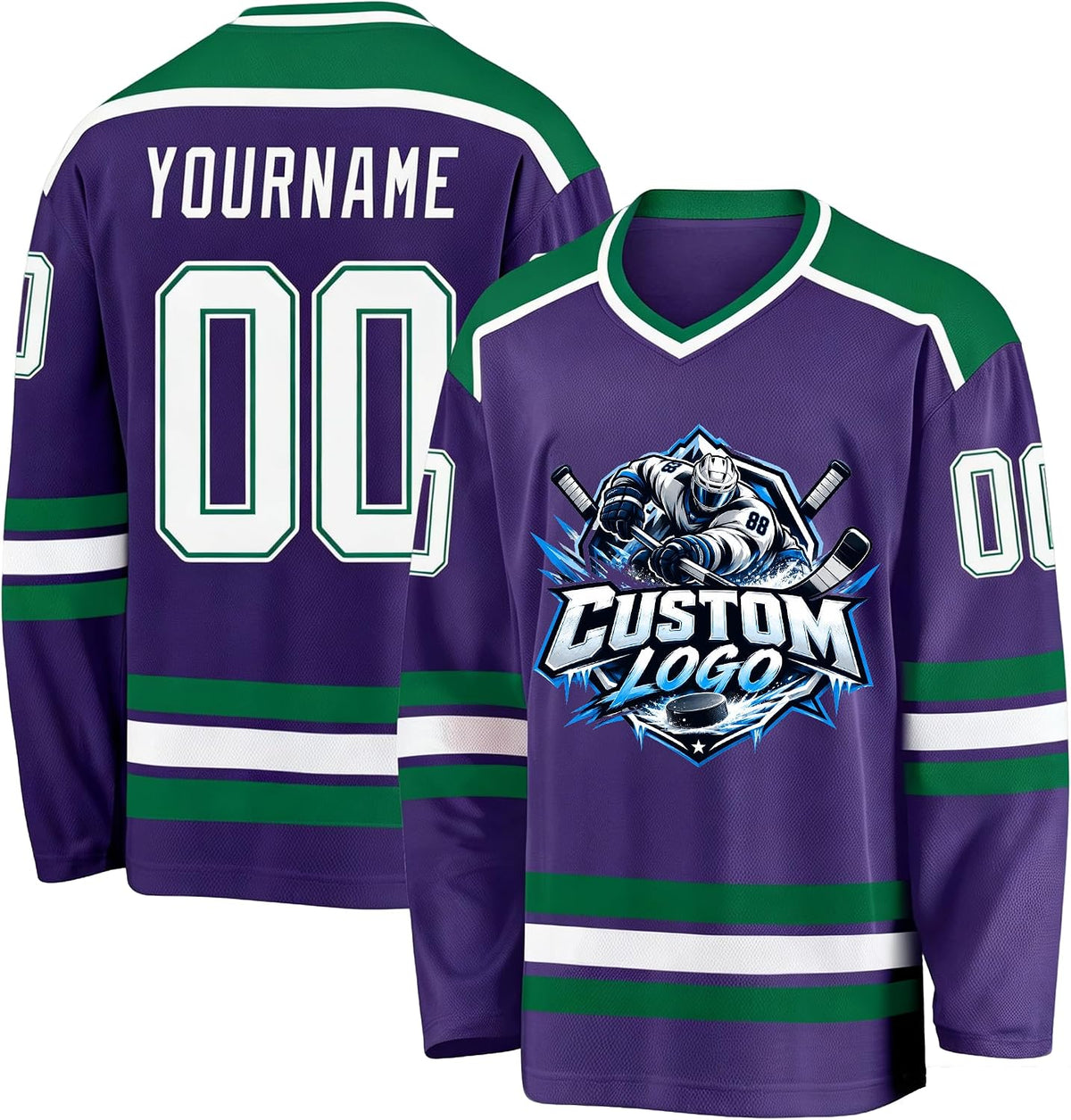 Custom Purple, Green and White Hockey Jersey