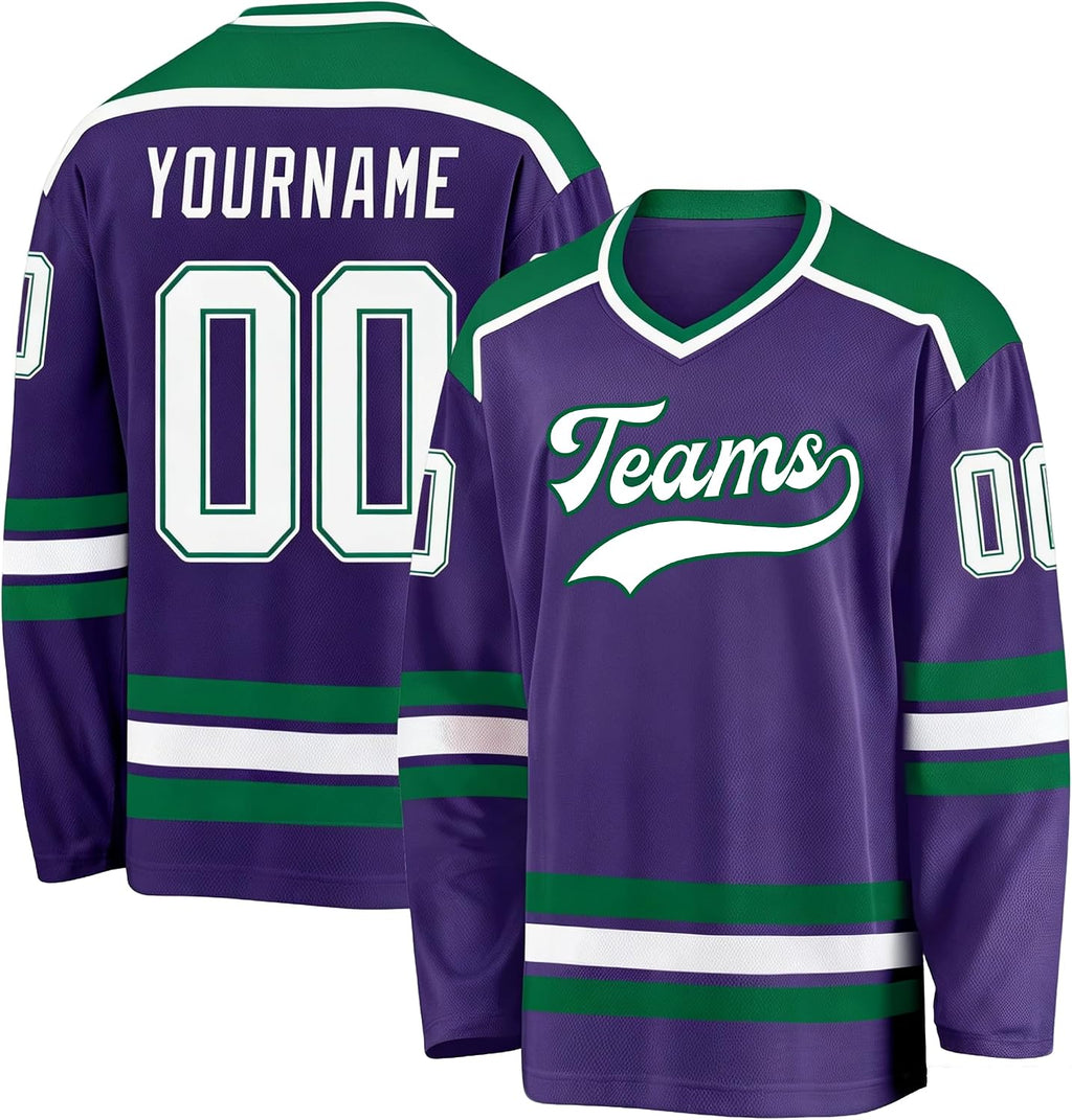 Custom Purple, Green and White Hockey Jersey
