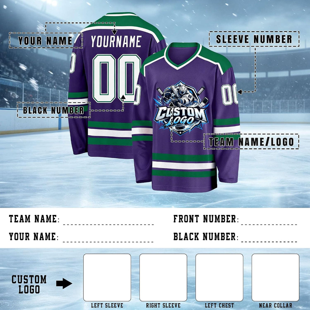 Custom Purple, Green and White Hockey Jersey