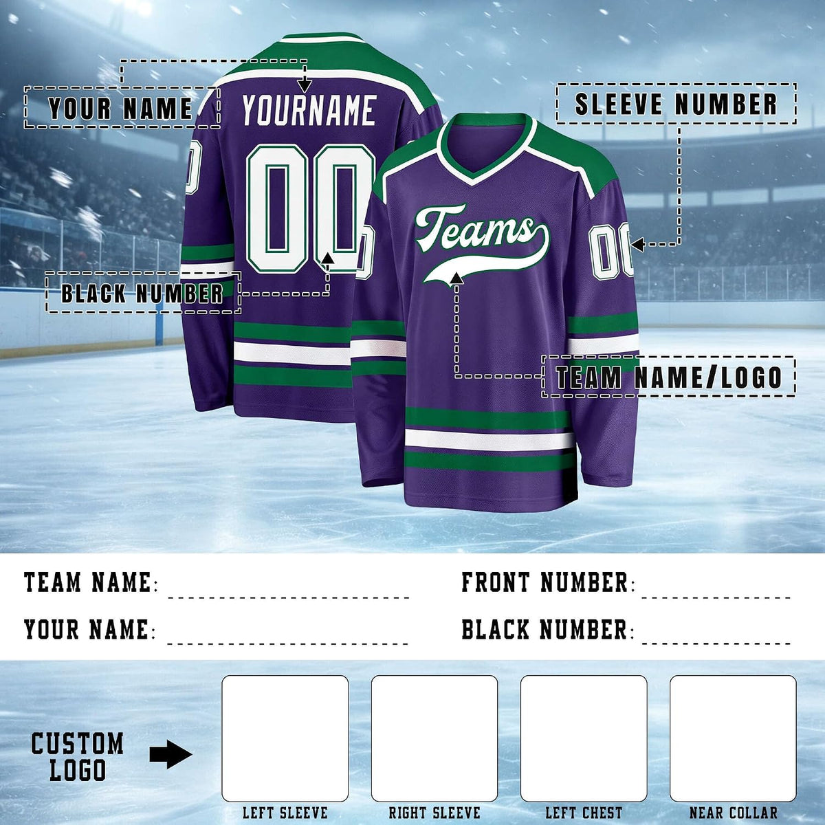 Custom Purple, Green and White Hockey Jersey
