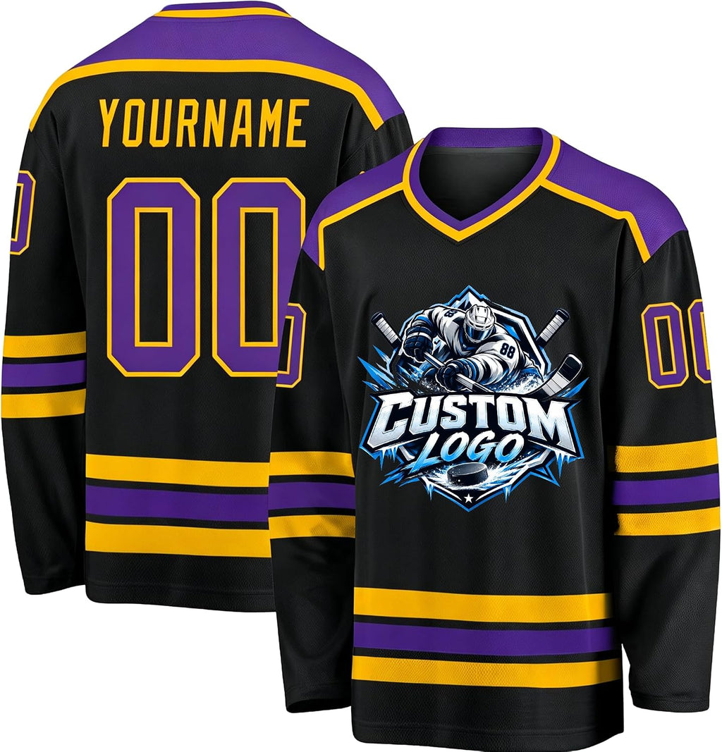 Custom Black, Purple and Gold Hockey Jersey
