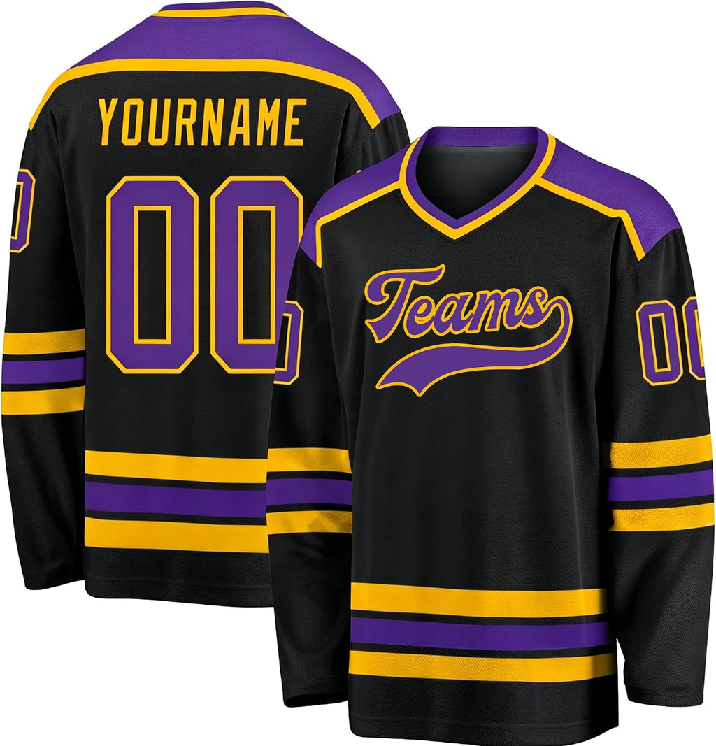 Custom Black, Purple and Gold Hockey Jersey