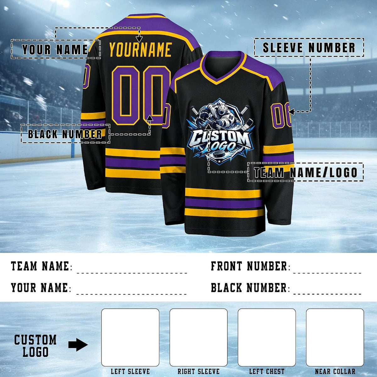 Custom Black, Purple and Gold Hockey Jersey