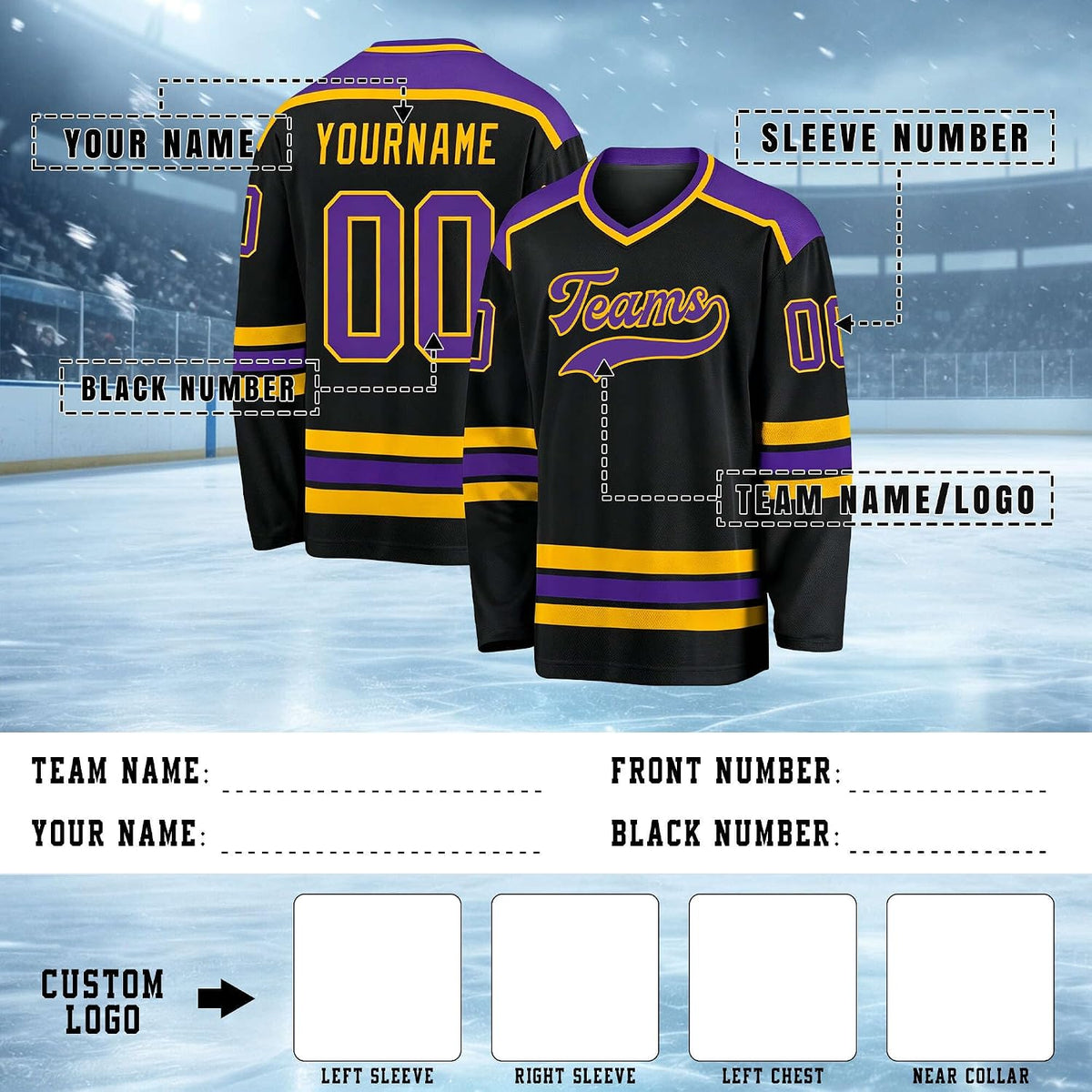 Custom Black, Purple and Gold Hockey Jersey