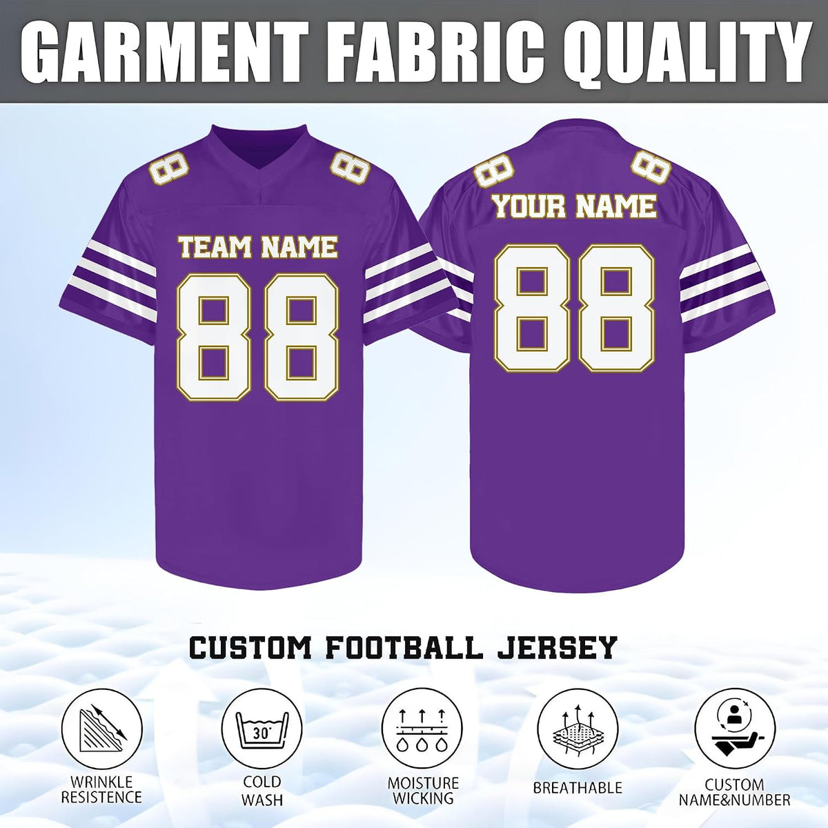 Custom Purple White and Gold Football Jersey Personalized Name and Number Team Uniform