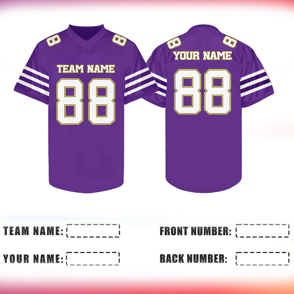 Custom Purple White and Gold Football Jersey Personalized Name and Number Team Uniform
