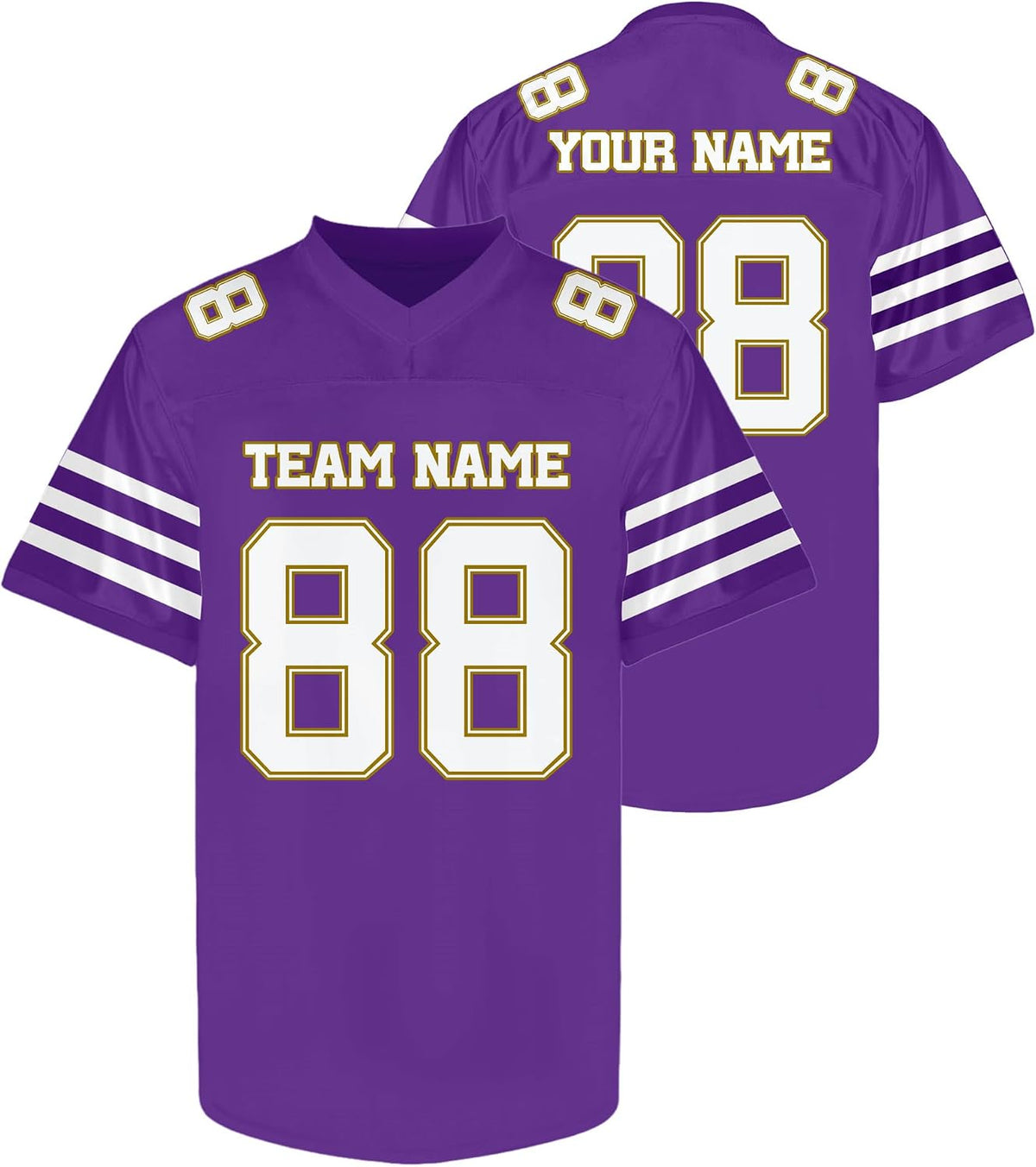 Custom Purple White and Gold Football Jersey Personalized Name and Number Team Uniform